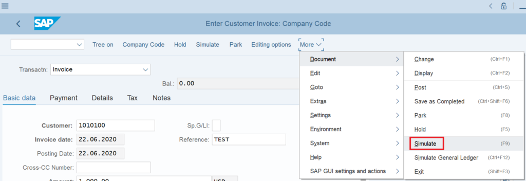 FB70 simulate a customer invoice