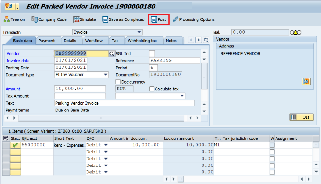 FBV0 tcode in SAP: Post the parked document