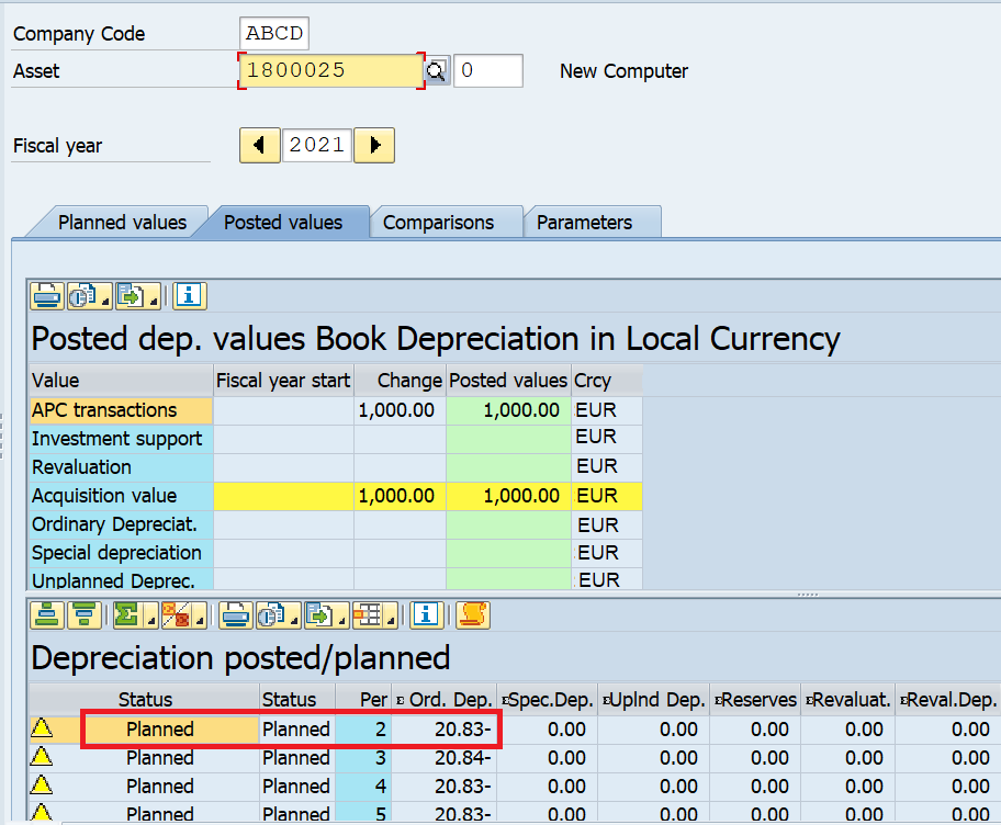 Display Planned Depreciation Values