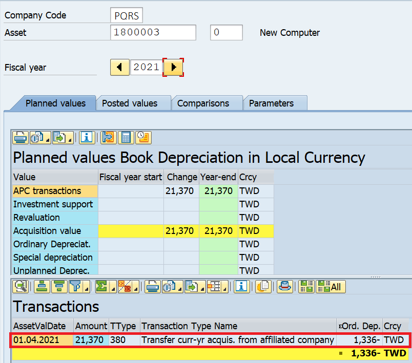 Display the Receiving Asset Values